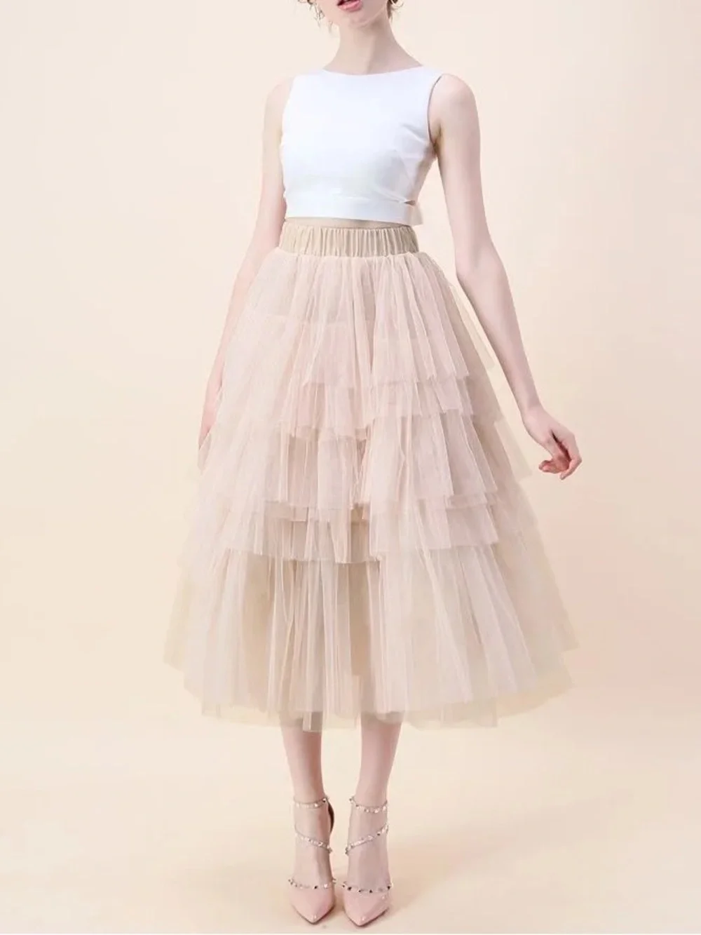 Chicwish Love Me More Tiered Layered Ruffle Tulle Ballerina Skirt Nude Pink XL